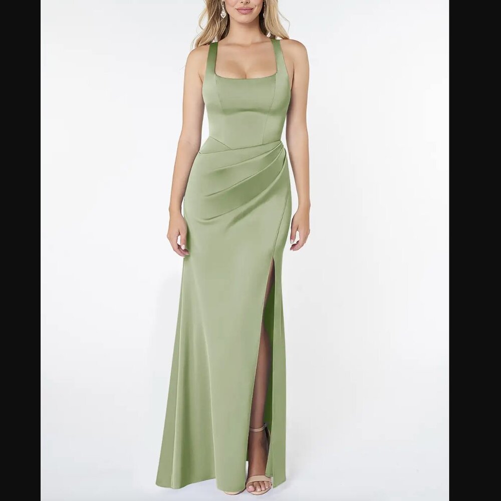 Azazie Sage Green Satin Square Neck Bridesmaid Dress